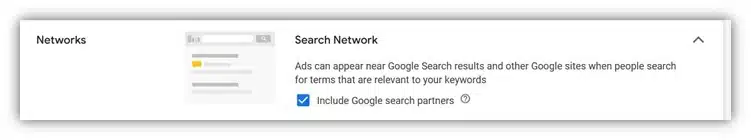 Google Ads 搜索合作伙伴网络 - Google Ads 平台中网络设置的屏幕截图 Google Ads 搜索合作伙伴网络 - Google Ads 平台中网络设置的屏幕截图
