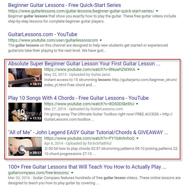 视频 SEO 视频 SERP 示例