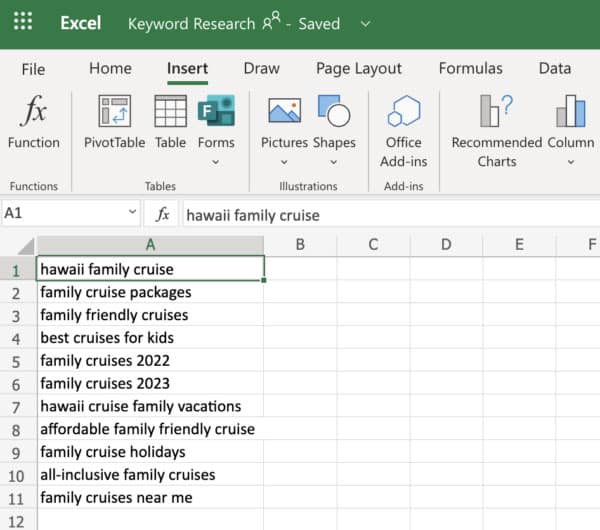 关键字研究表在 Excel 中的外观示例