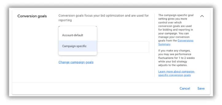 Google Ads 转化跟踪中特定于广告系列的转化目标