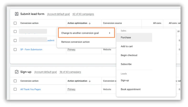 更改为 Google Ads 转化跟踪中的另一个目标