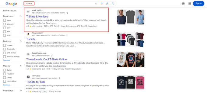 优化良好的 Shopify 系列页面在 Google 第一页排名的示例